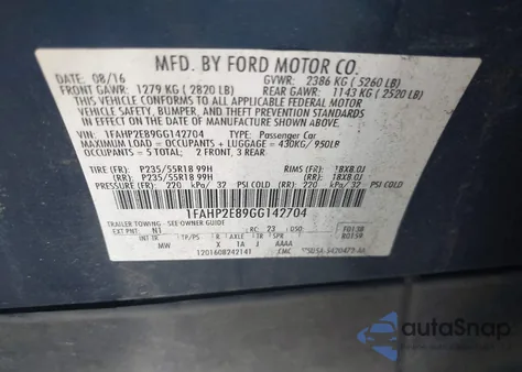 2016 Ford Taurus Sel z USA, uszkodzony, nr VIN 1FAHP2E89GG142704